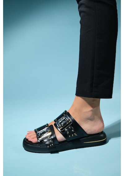 Luvishoes Zley Siyah Şeffaf Tokalı Kadın Terlik Siyah