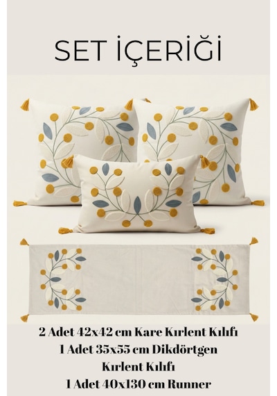 Olivea 4 Lü Punch Nakışlı Botanik Kırlent & Runner Seti 2 Kare + 1 Dikdörtgen Kırlent Kılıfı + 1 Runner Amerikan Servis Sarı