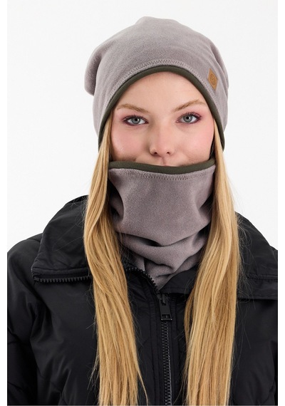 Butikgiz Kadın Dış Kısım Polar, İç Kısım Kaşkorse Pamuklu, Çift Renk, Çift Kat, Katlanabilir Bere Boyunluk Set Gri-haki