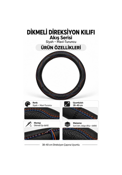 Trobus Citroen C3 2024-2025 Uyumlu Dikmeli Direksiyon Kılıfı Akış Siyah Mavi-turuncu Siyah - Mavi-turuncu