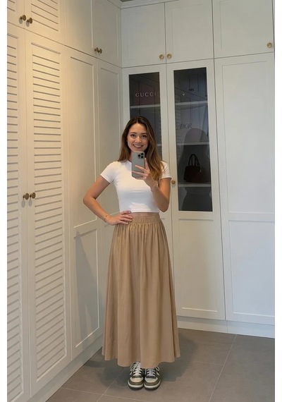 Kadın Bej Poplin Kumaş Uzun Etek Beli Lastikli Günlük Maxi Etek 90 Cm