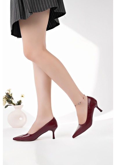 Nesilshoes Nesil Shoes Senyo K50 Bordo Rugan Baskı Topuklu Kadın Ayakkabı