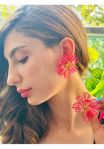 Çiçekli Mika Kadın Küpe 7 Cm Pembe