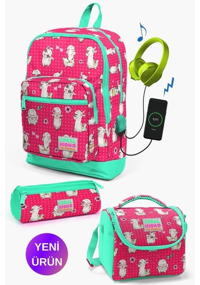 Neon Mercan Su Yeşili Alpaka Desenli Coral High Kids Usb'li 3 Lü Okul Çanta Seti Goset0123268