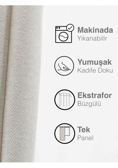 Kadife Dokulu Ekru Ada Fon Perde Ekstrafor Büzgülü Ekru
