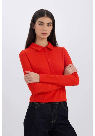 DeFacto Slim Fit Dar Kesim Polo Yaka Fitilli Kaşkorse Uzun Kollu Tişört D8720AX24AURD272 Kırmızı