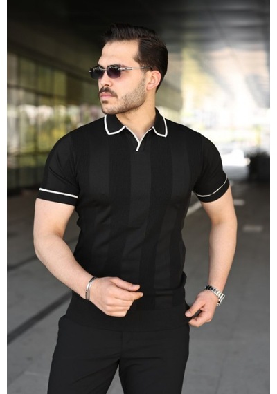Efnaz Style Erkek Dokulu Desen Yakalı Kısa Kollu Tişört Siyah