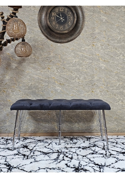Zafir Metal Krom Tel Ayaklı 100 Cm Puf Bench - Puf - Bench - Oturak - Mutfak Oturağı - Antre Oturağı Füme