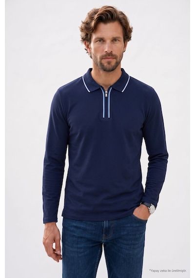 Tudors Erkek Slim Fit Dar Kesim %100 Pamuk Uzun Kollu Fermuarlı Lacivert Polo Yaka Tişört-52789