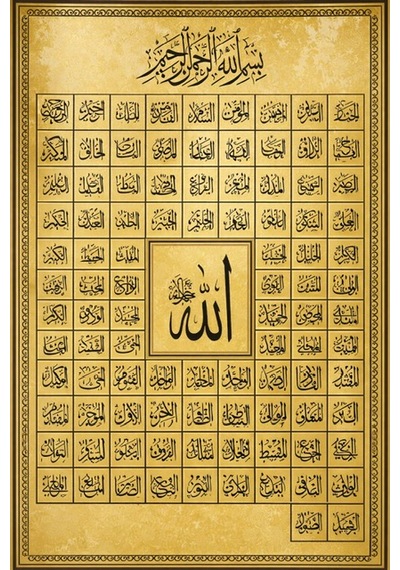 Esmaül Hüsna Kanvas Tablo Altın Detaylı İslami Duvar Dekoru