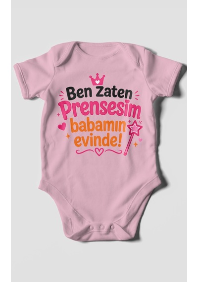 Morivokids Ben Zaten Prensesim Babamın Evinde Kısa Kollu Bebek Body %100 Pamuk Koyu Pembe
