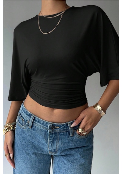 Cool Tarz Kadın Siyah Crop Bluz Yarım Kol Salaş Fit Yüksek Bel Büzgülü Basic Tişört Siyah Siyah Cool Tarz Kadın Siyah Crop Bluz Yarım Kol Salaş Fit Yüksek Bel Büzgülü Basic Tişört Siyah Siyah
