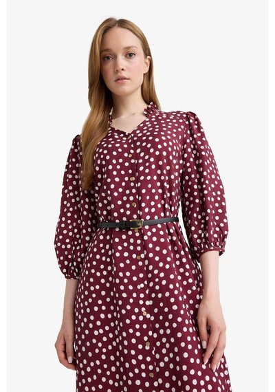 Defacto Relax Fit V Yaka Puantiyeli Yarım Kollu Elbise F5494ax25aubr375 Bordo
