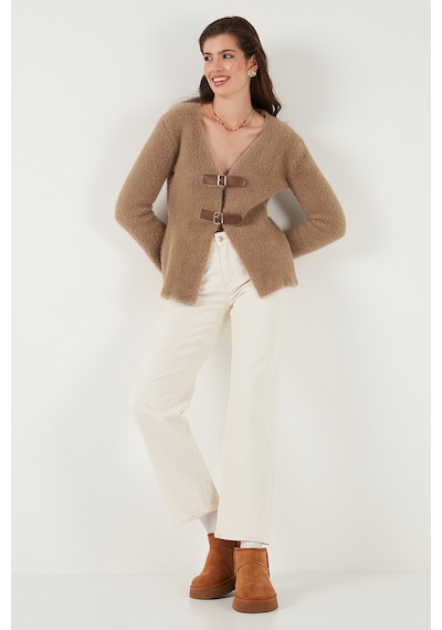 Lela Premium Regular Fit V Yaka Çift Kemerli Peluş Bayan Hırka 680Hi00112 Vizon