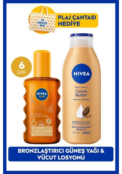 Sun Spf6 Bronzlaştırıcı Güneş Yağı 200ml Ve Q10 Bronzlaştırıcı Vücut Losyonu 250ml, Çanta Hediyeli