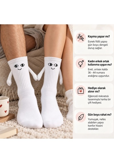 Womanandkids Wak Mıknatıslı El Ele 2'li Unisex Tutuşan Sevimli Çorap 36-44 Çift Hediyesi, Pamuklu Renkli Crew M Beyaz