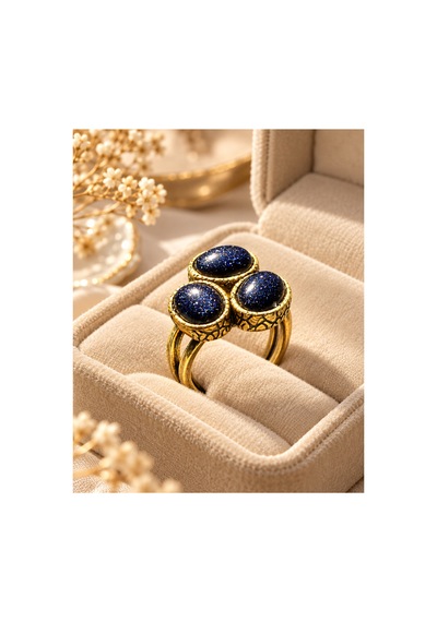 Esoo Jewelry Doğal Taş Detaylı 3 Taşlı Vintage Gold Ayarlanabilir Kadın Yüzük - Gece Işıltısı Lacivert