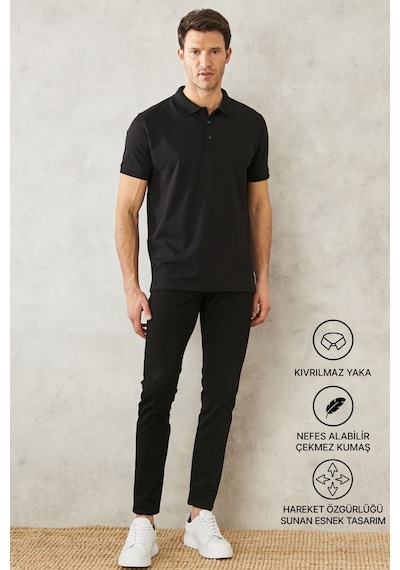 Erkek Çekmeyen Pamuklu Kumaş Slim Fit Dar Kesim Simsiyah Kıvrılmaz Polo Yaka T-shirt