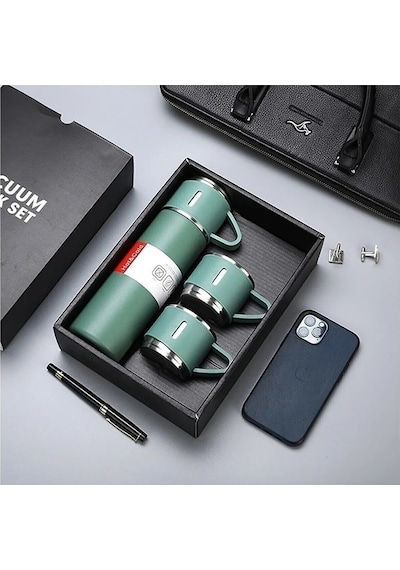 500 Ml Paslanmaz Çelik 3 Bardaklı Termos Set Yeşil