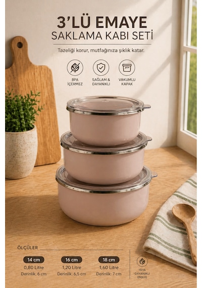 3 Lü Emaye Saklama Kabı Seti Vakumlu Kapaklı Ocakta Kullanılabilir Güz Gülü 14-16-18 Cm Pembe