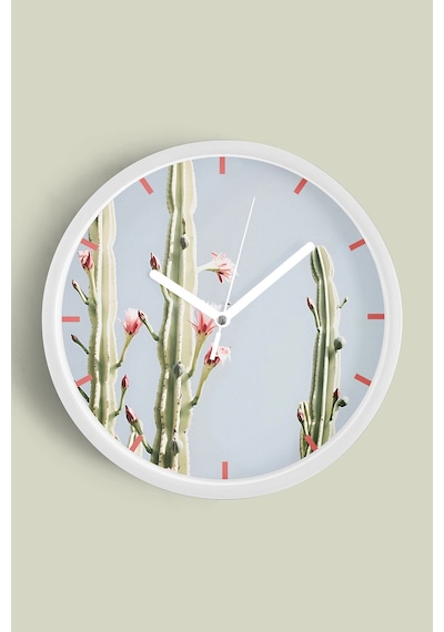 Kaktüs Çiçek Modern Duvar Saati - 25cm - Önü Camlı Beyaz Kasa - Sessiz Mekanizma-jh0199 Beyaz