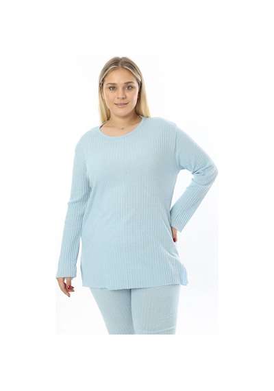 Modasehle Büyük Beden Uzun Kollu Yüksek Bel Beli Lastikli Yırtmaçlı İnce Pijama Takım Uzun-mavi Modasehle Büyük Beden Uzun Kollu Yüksek Bel Beli Lastikli Yırtmaçlı İnce Pijama Takım Uzun-mavi