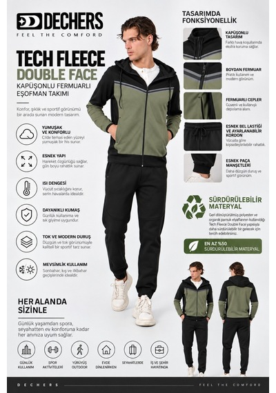 Dechers Erkek Siyah Tech Fleece Double Face Kapüşonlu Fermuarlı Eşofman Takımı - E228