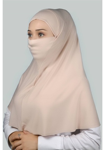 Altobeh Hazır Türban Peçeli Pratik Eşarp Tesettür Nikaplı Hijab - Namaz Örtüsü Sufle (XL) - Bej