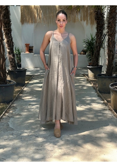 Yazlık Keten Askılı Oversize Elbise Camel