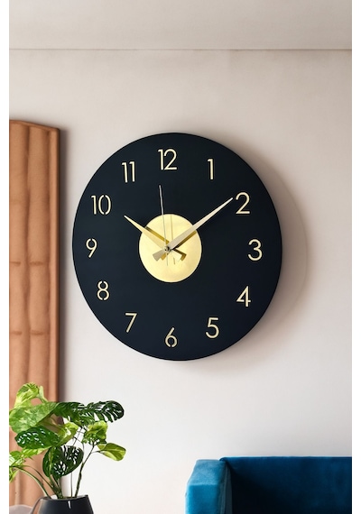 Ahşap Dekoratif Pleione Gold Aynalı Duvar Saati 48cm Siyah - Gold