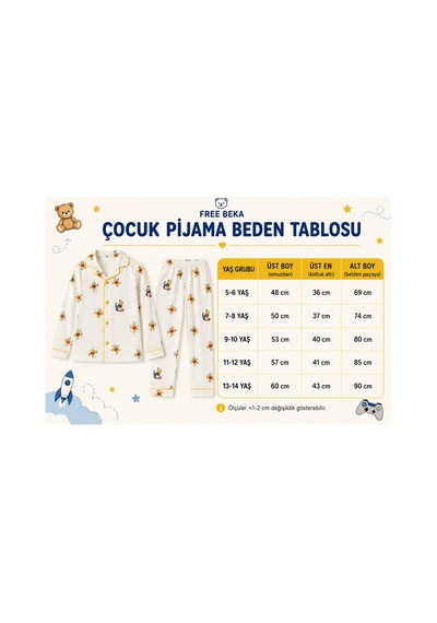 Free Beka Krem Renk Üstüne Desenli Erkek Ve Kız Uzun Kollu Pijama Takımı Ve Göz Bandı