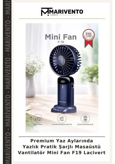 Premium Yaz Aylarında Yazlık Pratik Şarjlı Masaüstü Vantilatör Mini Fan F19 Lacivert