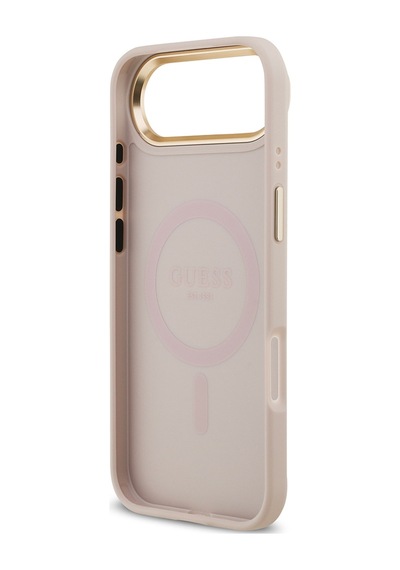Apple Uyumlu iPhone 17 Air Kılıf Guess Lisanslı M-safe Şarjlı Gold Kamera Çerçeveli Pu Deri Yazı Logolu Pembe