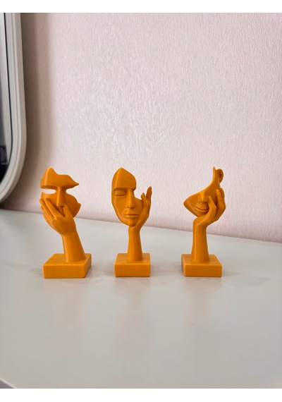 Modern Yüz Figürlü 3 Lü Dekoratif Heykel Seti-ev Ve Ofis Dekorasyonu Biblo 15 Cm Mat Gold