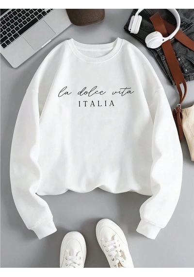 Startmore Tarzsokak La Dolce Vita Italia Baskılı Bayan Kazak Bisiklet Yaka Y2k Gevşek Giyim Çok Renkli Rahat Kaza Beyaz