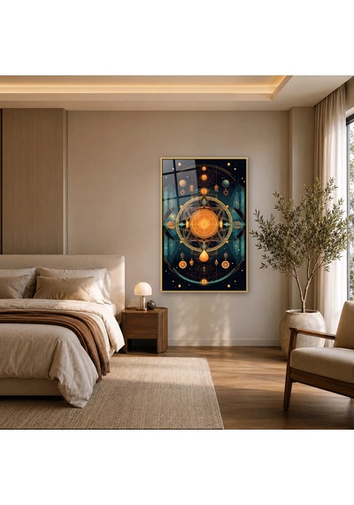 Turuncu Turkuaz Kozmik Geometri Gold Çerçeveli Cam Tablo
