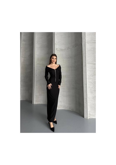 Asur Boutique Asur Butik Yarı Fermuarlı Ottoman Kumas Elbise Siyah
