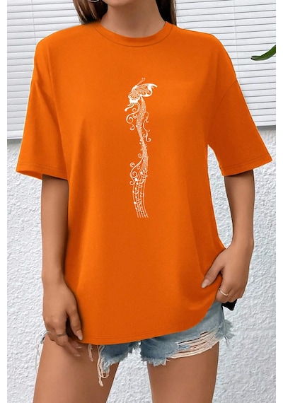 Unisex Butterfly Song Baskılı T-shirt Turuncu