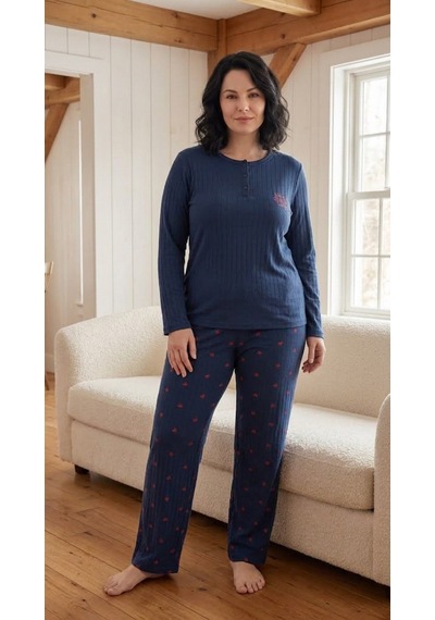 Eyfuze Kadın Kışlık Büyük Beden Desenli Yakası Düğmeli Uzun Kollu Pijama Takımı Lacivert - Kırmızı