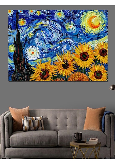 Van Gogh Yıldızlı Gece Ayçiçekleri Dekoratif Kanvas - Mdf Ahşap Tablo