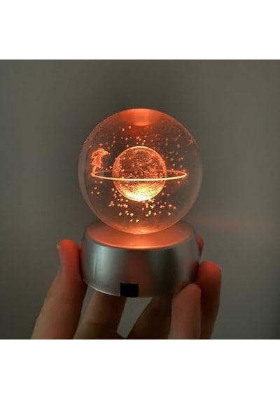 Işıklı Cam Gece Lambası Küre Kristal Renk Değiştiren Led Işıklı Dekoratif Hediyelik Satürn Kızı Beyaz