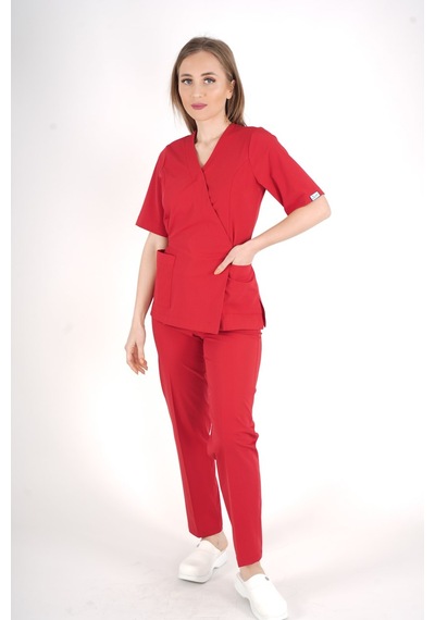 Kırmızı Elegant Model Cerrahi Üniforma Belden Bağlamalı Scrubs Takım Kırmızı