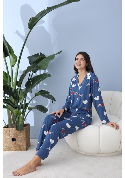 Pemilo Kadın 30013 Boydan Düğmeli Uzun Kol Pijama Takımı Mavi Mavi