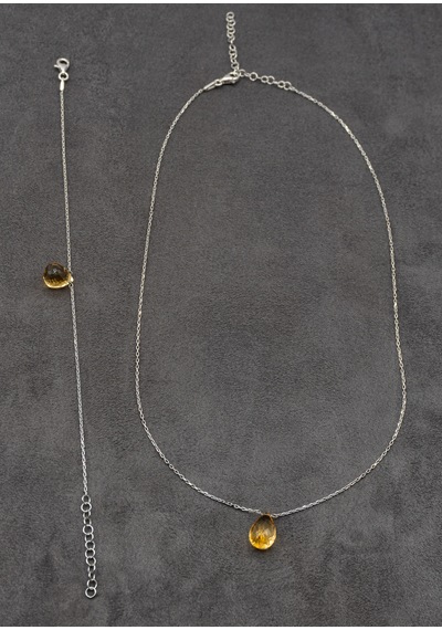 Doğan Diamond 925 Ayar Gümüş Altın Kaplama Doğal Sitrin Taşı Damla Set Kolye Ve Bileklik Bolluk Ve Bereket li Minimalist Tasarım Gümüş