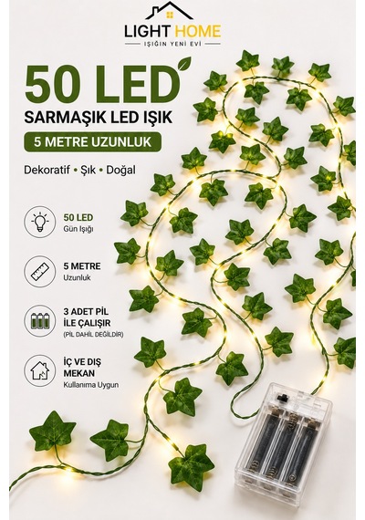 Yapay Sarmaşık Led Işık Dekoratif Işıklı Sarmaşık Led Oda Duvar Yatak Odası Parti Yılbaşı Dekoru 5 Metre 50 Led Sarı