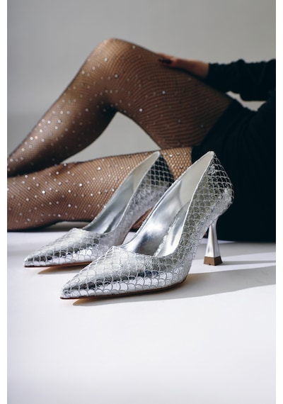 Limoya Celestine Gümüş Balık Pulu Dokulu Sivri Burunlu Stiletto 001
