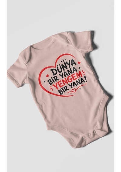 Morivokids Dünya Bir Yana Yengem Bir Yana Kısa Kollu Bebek Body %100 Pamuk Pastel Pembe
