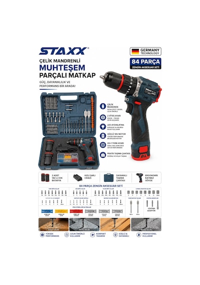 Staxx S18vfk 84 Parça Çelik Mandrenli Brushless Şarjlı Matkap Seti 18v X2 Çift Akülü Vidalama Delme