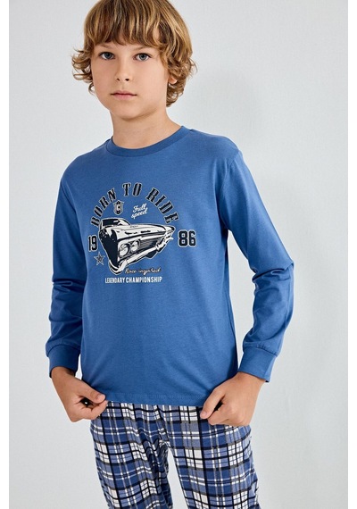 Defacto Regular Fit Baskılı Ve Ekoseli 2li Erkek Çocuk Pijama Takımı H6686a826aube341 Mavi-be341