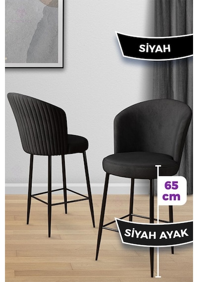 Canisa Alte Serisi 6 Siyah Sandalye 65 Cm Ada Mutfak Bar Sandalyesi Babyface Kumaş Siyah Metal Ayaklı Sandalyeler Siyah Ayaklar Siyah
